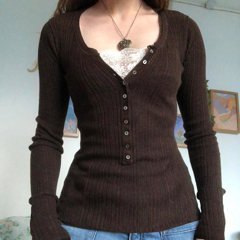 Vintage Lace Patchwork Cute Cotton Tshirts Women Fashion Button Slim