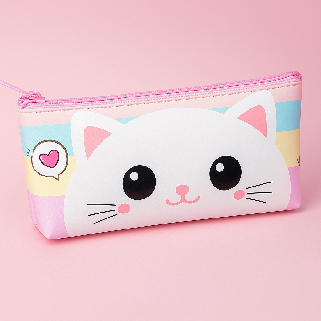 Adorable White Cat Pencil Pouch with Rainbow Pastel Background