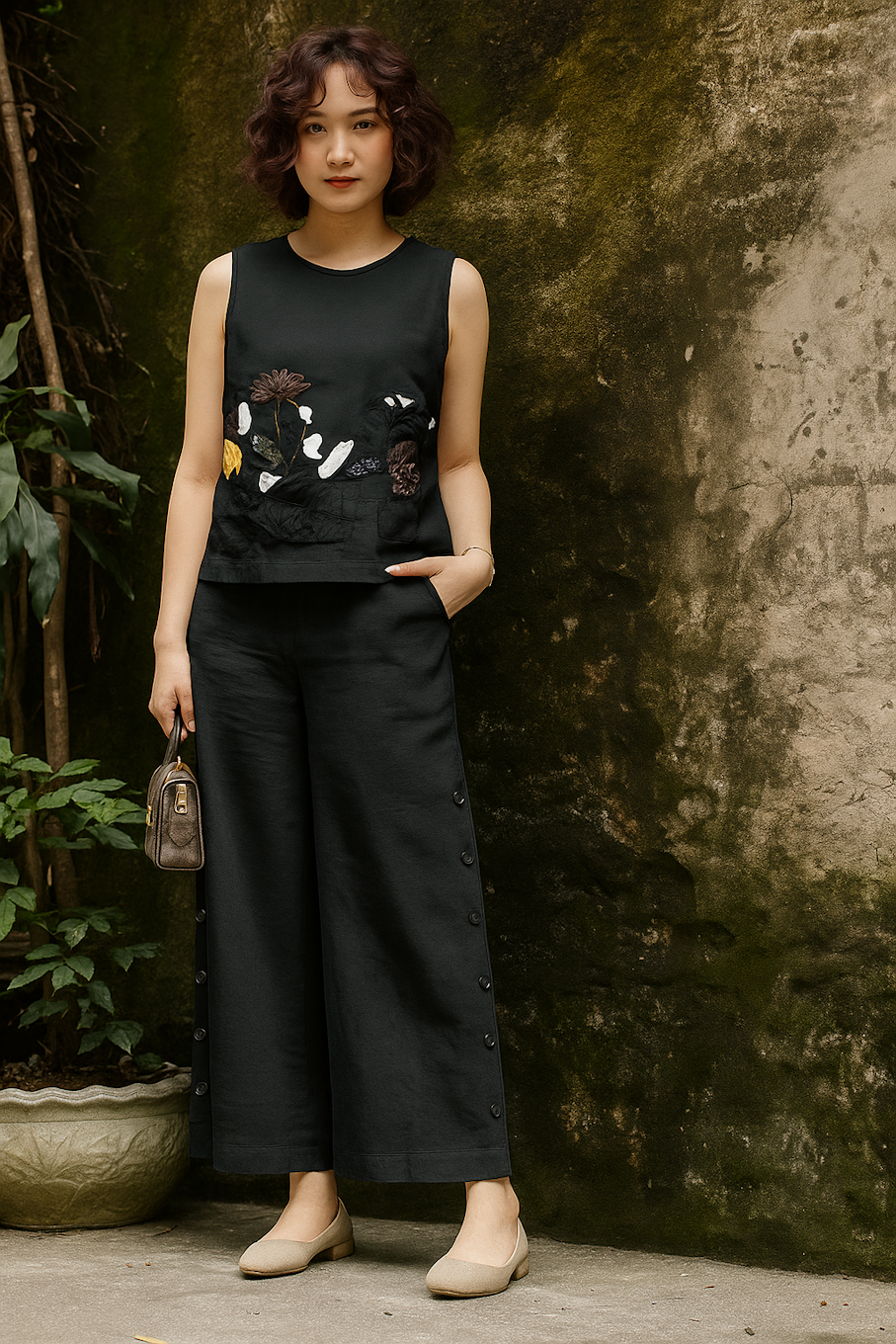 Black Floral-Embroidered Sleeveless Set with Wide-Leg Pants (Size L)