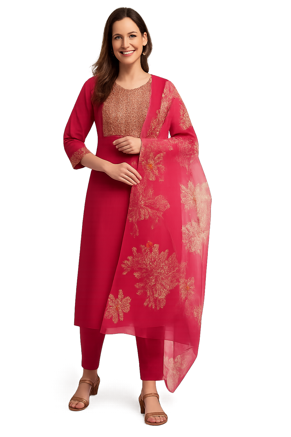 Women's Red Embroidered Kurta Set with Dupatta – Festive Ethnic