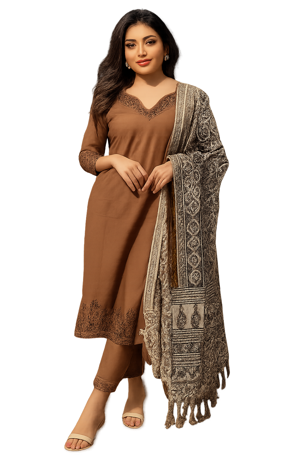 Women's Brown Embroidered Kurta Set with Patterned Shawl – Traditional