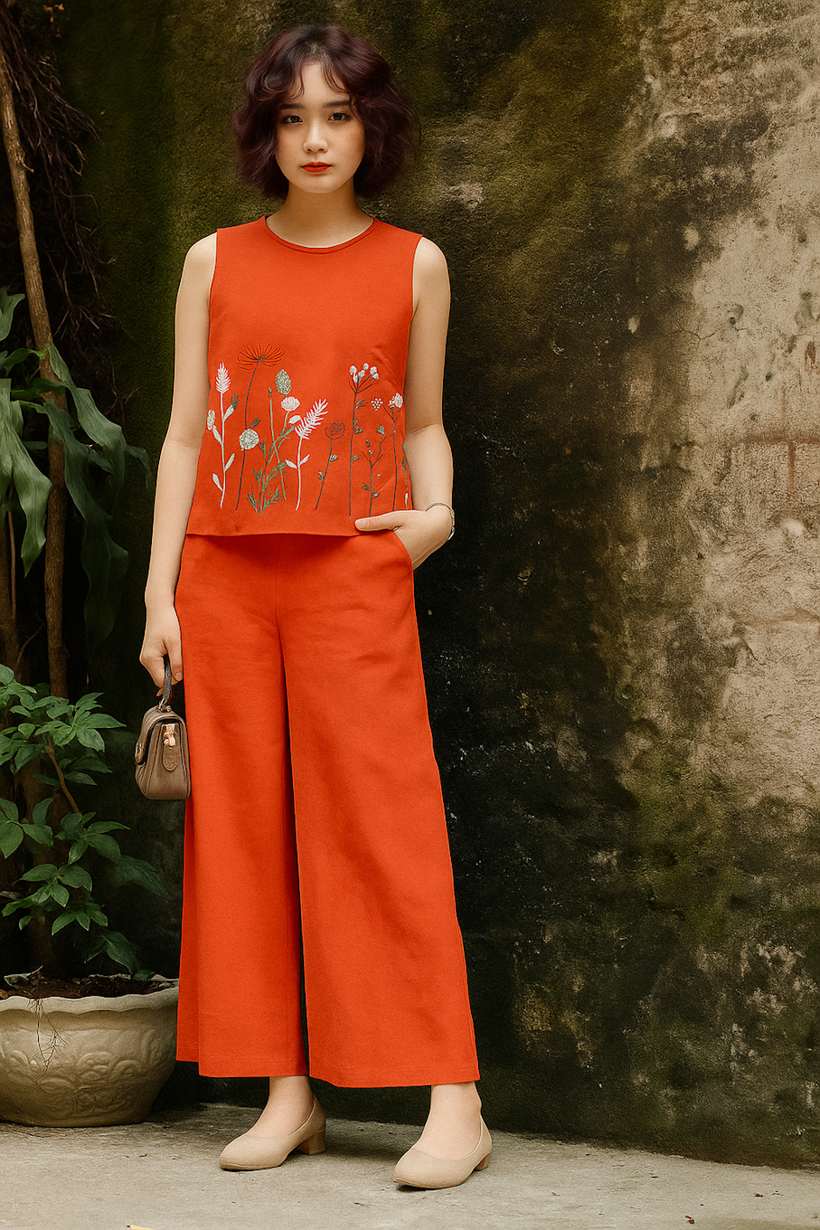 Orange Floral-Embroidered Sleeveless Set with Wide-Leg Pants (Size M)