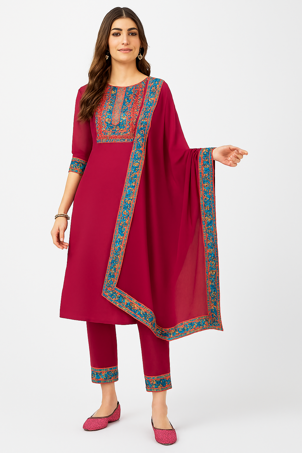 Women's Red Embroidered Kurta Set with Dupatta – Festive Ethnic