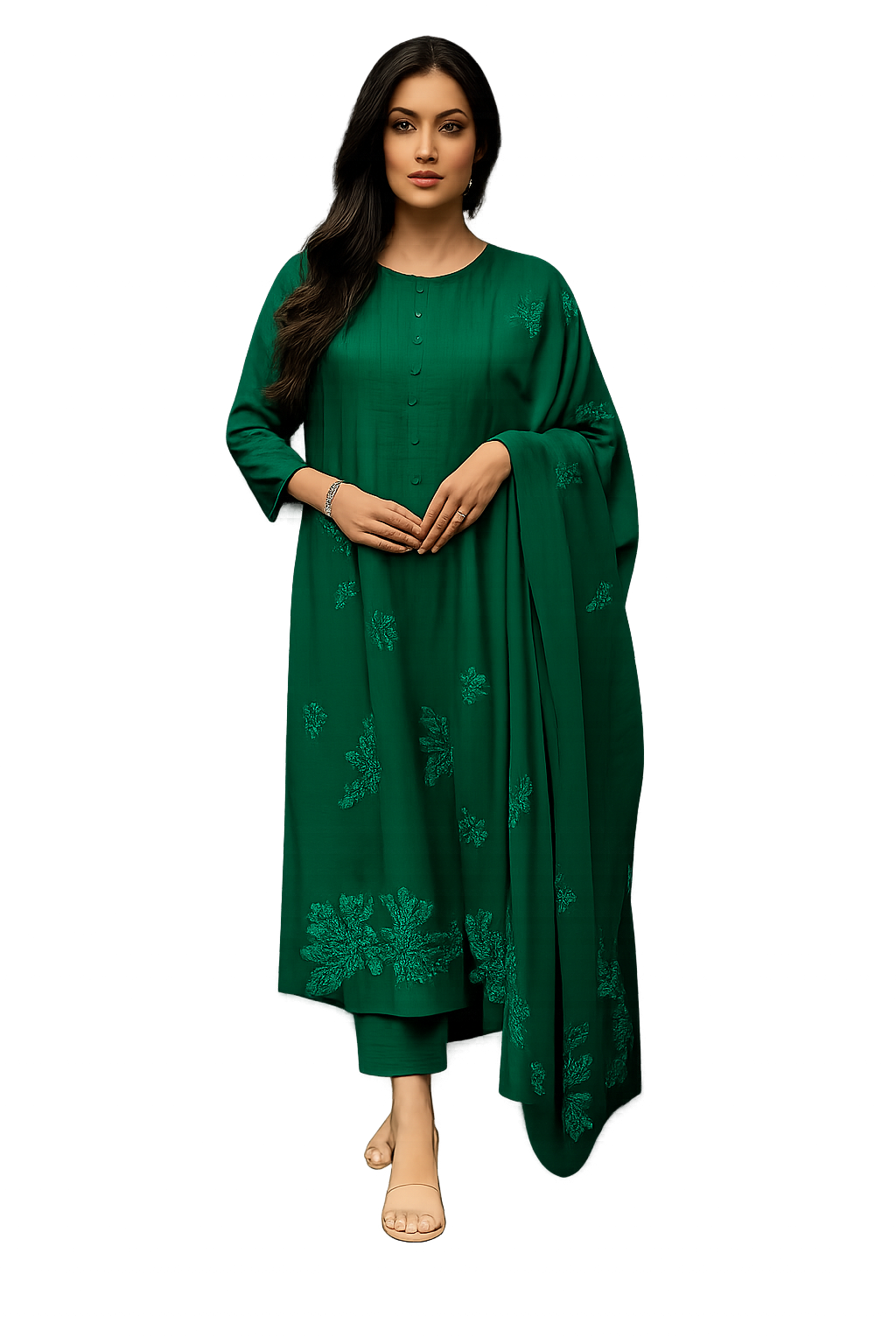 Women's Green Embroidered Kurta Set with Dupatta-M-Bottle Green