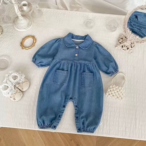 Autumn and Spring Arrival Baby Casual Pocketed Denim Rompers with
