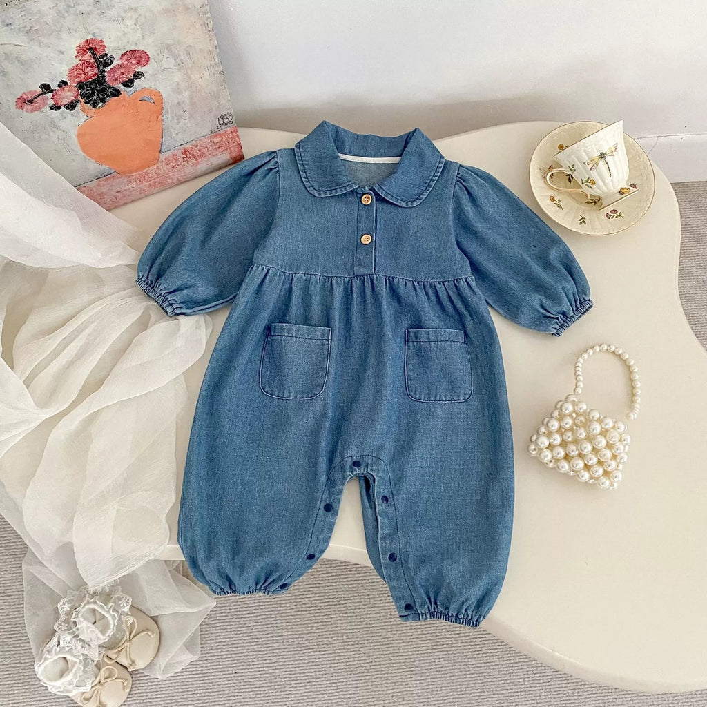 Autumn and Spring Arrival Baby Casual Pocketed Denim Rompers with