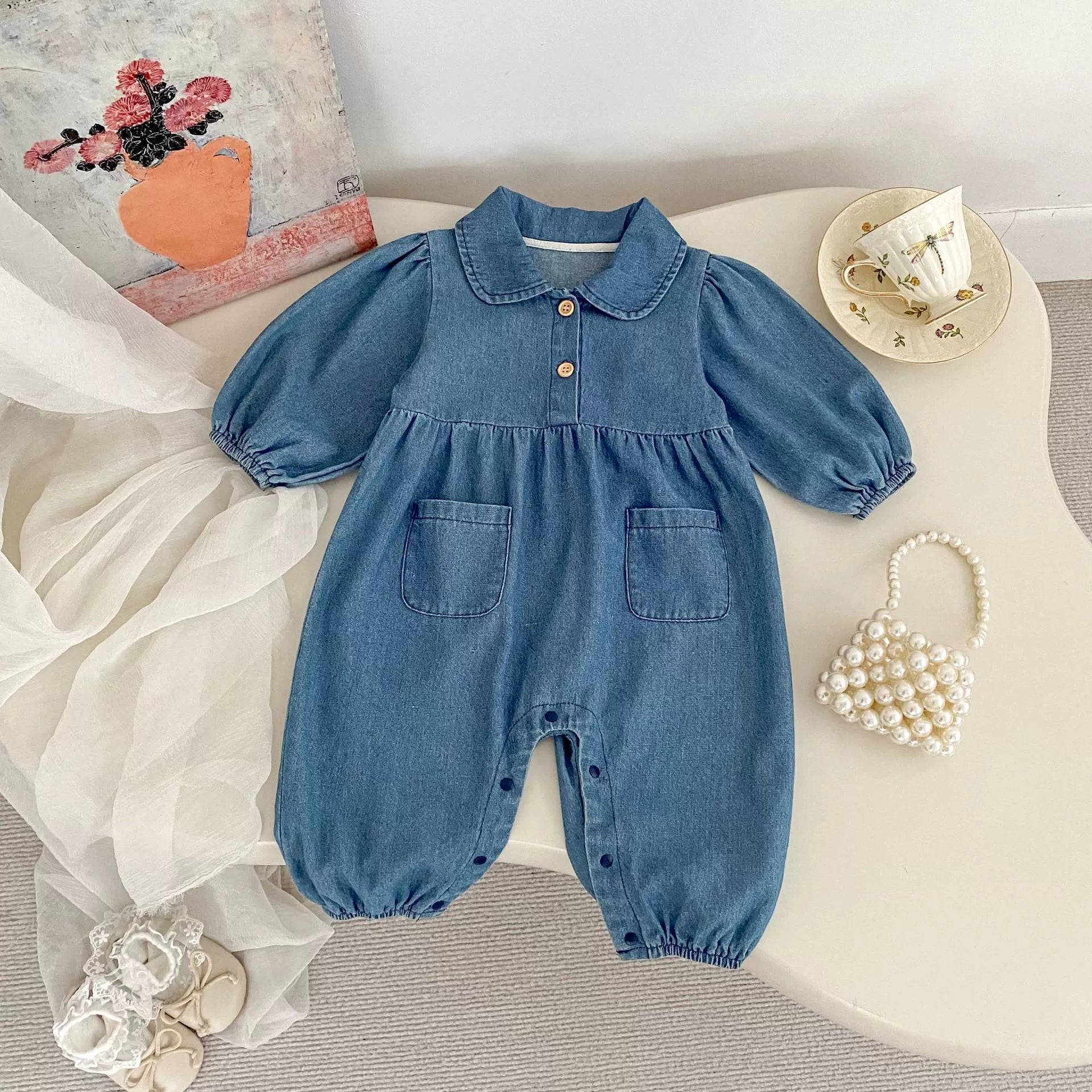 Autumn and Spring Arrival Baby Casual Pocketed Denim Rompers with