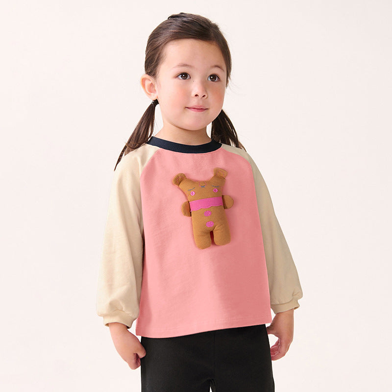 Spring and Autumn Girls Cartoon Pattern Color Patchwork Long Sleeves