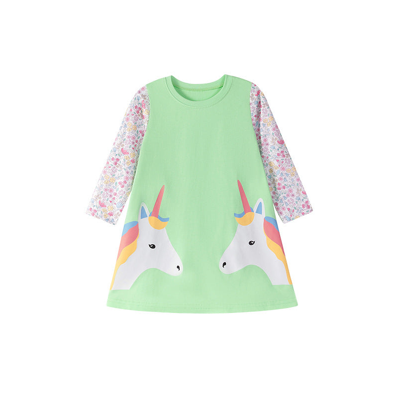Autumn and Spring Arrival Unicorn and Flowers Pattern Long Sleeves