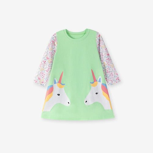 Autumn and Spring Arrival Unicorn and Flowers Pattern Long Sleeves
