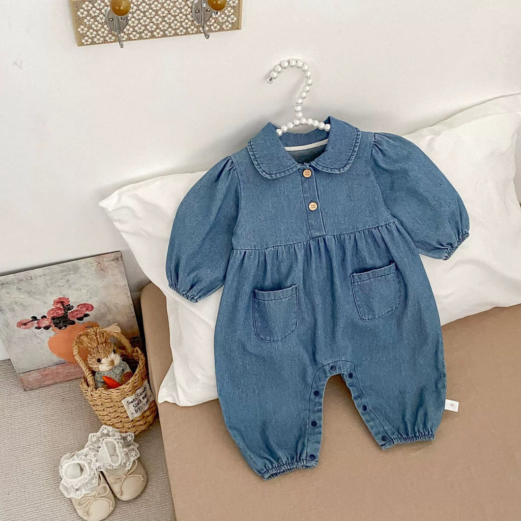 Autumn and Spring Arrival Baby Casual Pocketed Denim Rompers with